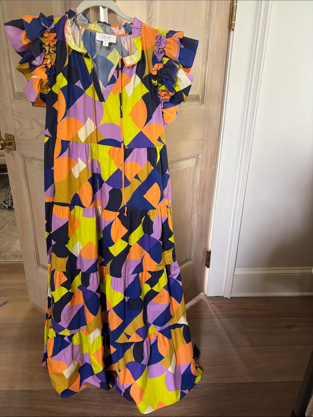 Peach Love California Neon Geometric Ruffle Maxi Dress